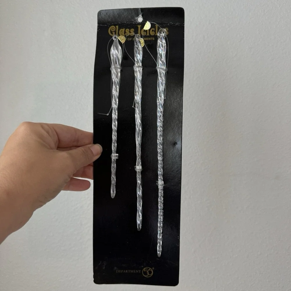 Department 56 Long Clear Glass Icicle Christmas‎ Ornaments Set of 3 Snowy Tree